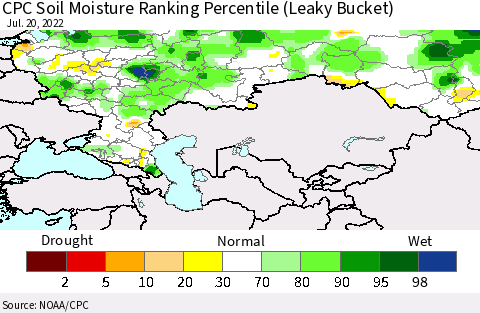 Russian Federation CPC Soil Moisture Ranking Percentile (Leaky Bucket) Thematic Map For 7/16/2022 - 7/20/2022