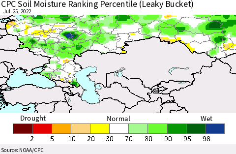 Russian Federation CPC Soil Moisture Ranking Percentile (Leaky Bucket) Thematic Map For 7/21/2022 - 7/25/2022