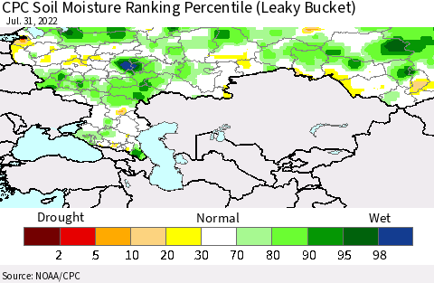 Russian Federation CPC Soil Moisture Ranking Percentile (Leaky Bucket) Thematic Map For 7/26/2022 - 7/31/2022