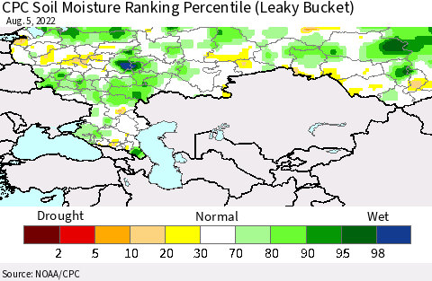 Russian Federation CPC Soil Moisture Ranking Percentile (Leaky Bucket) Thematic Map For 8/1/2022 - 8/5/2022