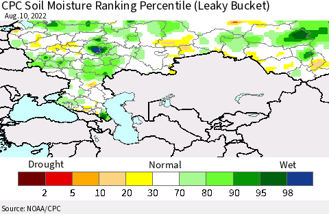 Russian Federation CPC Soil Moisture Ranking Percentile (Leaky Bucket) Thematic Map For 8/6/2022 - 8/10/2022