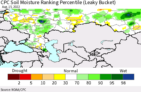 Russian Federation CPC Soil Moisture Ranking Percentile (Leaky Bucket) Thematic Map For 8/11/2022 - 8/15/2022