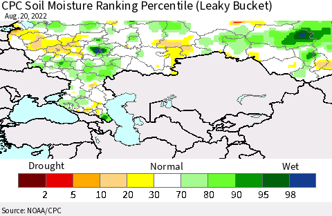 Russian Federation CPC Soil Moisture Ranking Percentile (Leaky Bucket) Thematic Map For 8/16/2022 - 8/20/2022