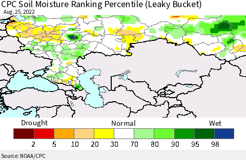 Russian Federation CPC Soil Moisture Ranking Percentile (Leaky Bucket) Thematic Map For 8/21/2022 - 8/25/2022