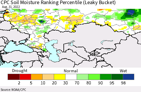 Russian Federation CPC Soil Moisture Ranking Percentile (Leaky Bucket) Thematic Map For 8/26/2022 - 8/31/2022