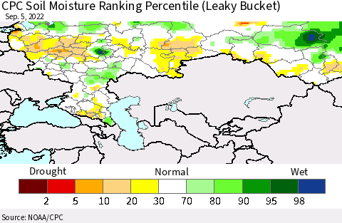 Russian Federation CPC Soil Moisture Ranking Percentile (Leaky Bucket) Thematic Map For 9/1/2022 - 9/5/2022