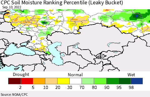 Russian Federation CPC Soil Moisture Ranking Percentile (Leaky Bucket) Thematic Map For 9/6/2022 - 9/10/2022