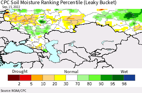 Russian Federation CPC Soil Moisture Ranking Percentile (Leaky Bucket) Thematic Map For 9/11/2022 - 9/15/2022