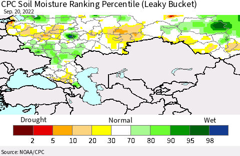 Russian Federation CPC Soil Moisture Ranking Percentile (Leaky Bucket) Thematic Map For 9/16/2022 - 9/20/2022