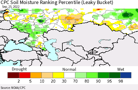 Russian Federation CPC Soil Moisture Ranking Percentile (Leaky Bucket) Thematic Map For 9/21/2022 - 9/25/2022