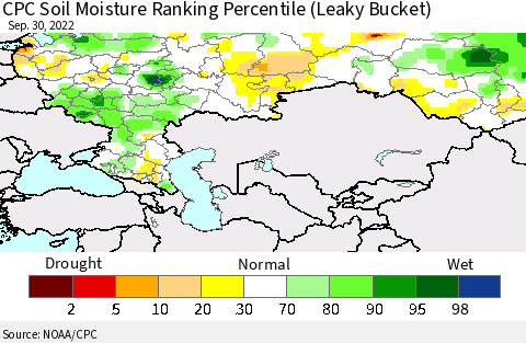 Russian Federation CPC Soil Moisture Ranking Percentile (Leaky Bucket) Thematic Map For 9/26/2022 - 9/30/2022