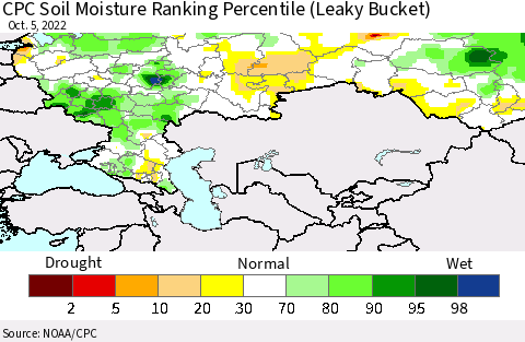 Russian Federation CPC Soil Moisture Ranking Percentile (Leaky Bucket) Thematic Map For 10/1/2022 - 10/5/2022