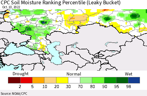 Russian Federation CPC Soil Moisture Ranking Percentile (Leaky Bucket) Thematic Map For 10/6/2022 - 10/10/2022
