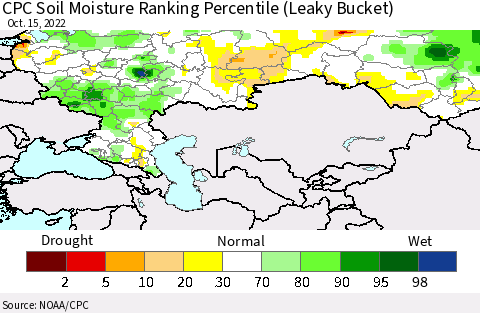 Russian Federation CPC Soil Moisture Ranking Percentile (Leaky Bucket) Thematic Map For 10/11/2022 - 10/15/2022