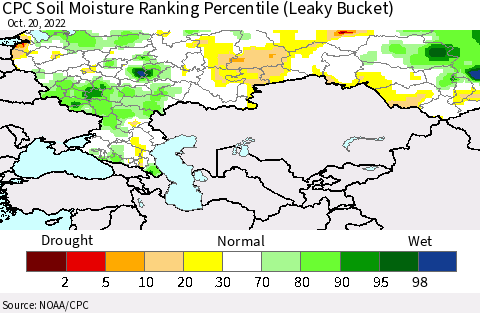 Russian Federation CPC Soil Moisture Ranking Percentile (Leaky Bucket) Thematic Map For 10/16/2022 - 10/20/2022