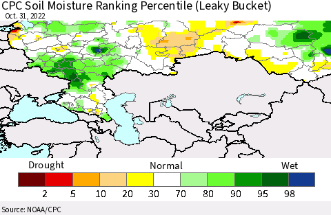 Russian Federation CPC Soil Moisture Ranking Percentile (Leaky Bucket) Thematic Map For 10/26/2022 - 10/31/2022