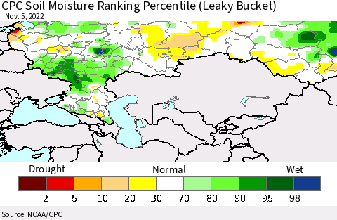 Russian Federation CPC Soil Moisture Ranking Percentile (Leaky Bucket) Thematic Map For 11/1/2022 - 11/5/2022