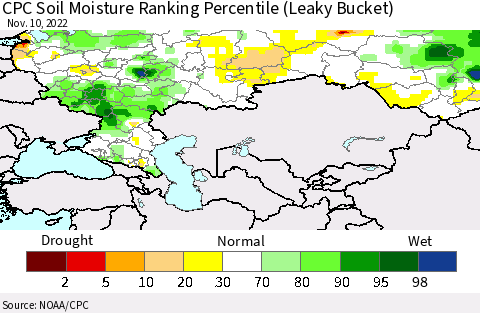 Russian Federation CPC Soil Moisture Ranking Percentile (Leaky Bucket) Thematic Map For 11/6/2022 - 11/10/2022