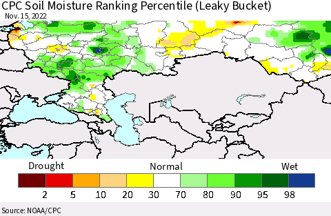 Russian Federation CPC Soil Moisture Ranking Percentile (Leaky Bucket) Thematic Map For 11/11/2022 - 11/15/2022