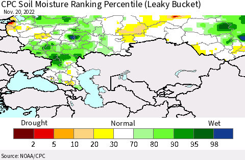 Russian Federation CPC Soil Moisture Ranking Percentile (Leaky Bucket) Thematic Map For 11/16/2022 - 11/20/2022