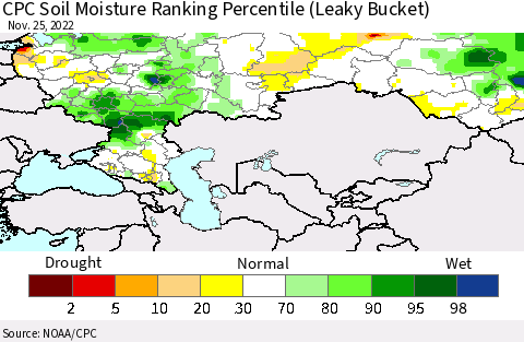 Russian Federation CPC Soil Moisture Ranking Percentile (Leaky Bucket) Thematic Map For 11/21/2022 - 11/25/2022