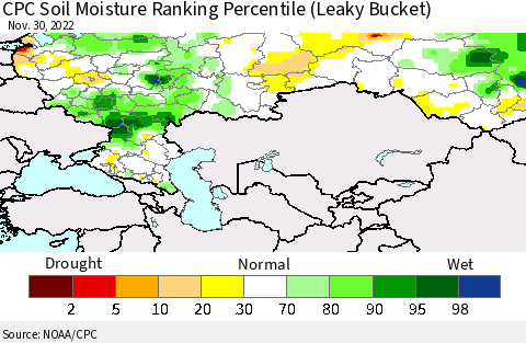 Russian Federation CPC Soil Moisture Ranking Percentile (Leaky Bucket) Thematic Map For 11/26/2022 - 11/30/2022