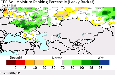 Russian Federation CPC Soil Moisture Ranking Percentile (Leaky Bucket) Thematic Map For 12/11/2022 - 12/15/2022