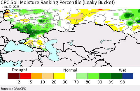 Russian Federation CPC Soil Moisture Ranking Percentile (Leaky Bucket) Thematic Map For 1/16/2023 - 1/20/2023