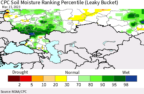 Russian Federation CPC Soil Moisture Ranking Percentile (Leaky Bucket) Thematic Map For 3/11/2023 - 3/15/2023
