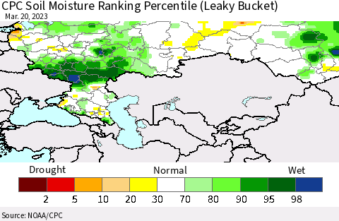 Russian Federation CPC Soil Moisture Ranking Percentile (Leaky Bucket) Thematic Map For 3/16/2023 - 3/20/2023