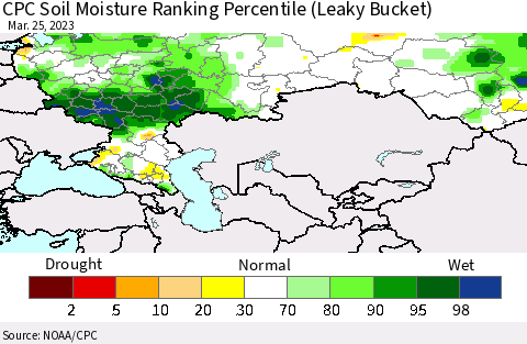 Russian Federation CPC Soil Moisture Ranking Percentile (Leaky Bucket) Thematic Map For 3/21/2023 - 3/25/2023