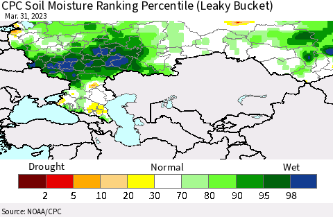 Russian Federation CPC Soil Moisture Ranking Percentile (Leaky Bucket) Thematic Map For 3/26/2023 - 3/31/2023