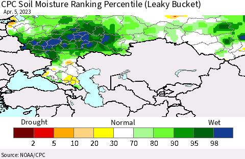 Russian Federation CPC Soil Moisture Ranking Percentile (Leaky Bucket) Thematic Map For 4/1/2023 - 4/5/2023