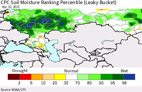 Russian Federation CPC Soil Moisture Ranking Percentile (Leaky Bucket) Thematic Map For 4/6/2023 - 4/10/2023