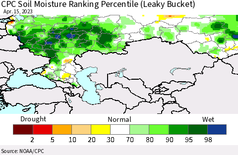 Russian Federation CPC Soil Moisture Ranking Percentile (Leaky Bucket) Thematic Map For 4/11/2023 - 4/15/2023