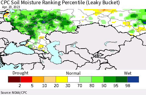 Russian Federation CPC Soil Moisture Ranking Percentile (Leaky Bucket) Thematic Map For 4/16/2023 - 4/20/2023
