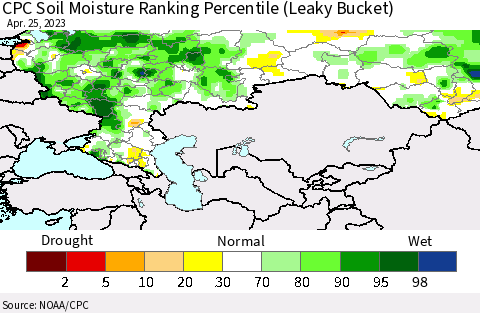 Russian Federation CPC Soil Moisture Ranking Percentile (Leaky Bucket) Thematic Map For 4/21/2023 - 4/25/2023