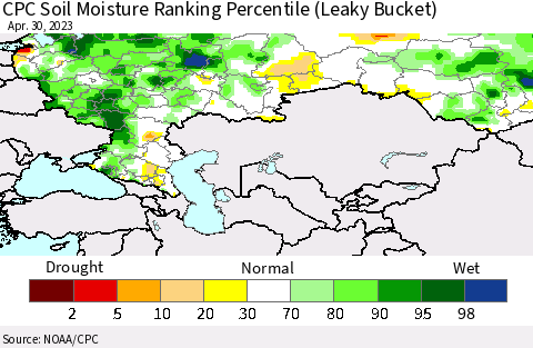 Russian Federation CPC Soil Moisture Ranking Percentile (Leaky Bucket) Thematic Map For 4/26/2023 - 4/30/2023