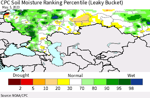 Russian Federation CPC Soil Moisture Ranking Percentile (Leaky Bucket) Thematic Map For 5/1/2023 - 5/5/2023