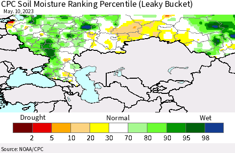 Russian Federation CPC Soil Moisture Ranking Percentile (Leaky Bucket) Thematic Map For 5/6/2023 - 5/10/2023