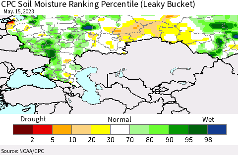 Russian Federation CPC Soil Moisture Ranking Percentile (Leaky Bucket) Thematic Map For 5/11/2023 - 5/15/2023