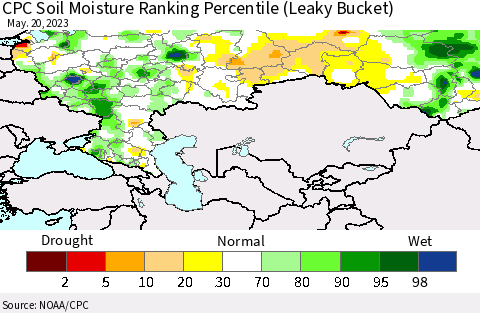 Russian Federation CPC Soil Moisture Ranking Percentile (Leaky Bucket) Thematic Map For 5/16/2023 - 5/20/2023