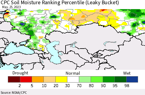 Russian Federation CPC Soil Moisture Ranking Percentile (Leaky Bucket) Thematic Map For 5/21/2023 - 5/25/2023