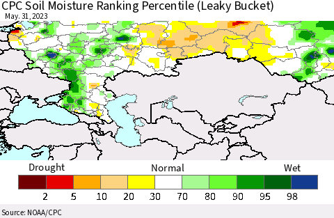 Russian Federation CPC Soil Moisture Ranking Percentile (Leaky Bucket) Thematic Map For 5/26/2023 - 5/31/2023