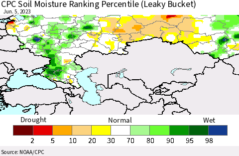 Russian Federation CPC Soil Moisture Ranking Percentile (Leaky Bucket) Thematic Map For 6/1/2023 - 6/5/2023