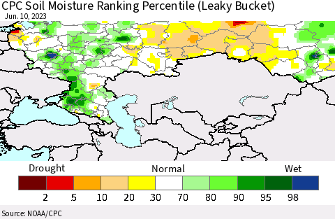 Russian Federation CPC Soil Moisture Ranking Percentile (Leaky Bucket) Thematic Map For 6/6/2023 - 6/10/2023