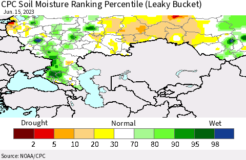 Russian Federation CPC Soil Moisture Ranking Percentile (Leaky Bucket) Thematic Map For 6/11/2023 - 6/15/2023
