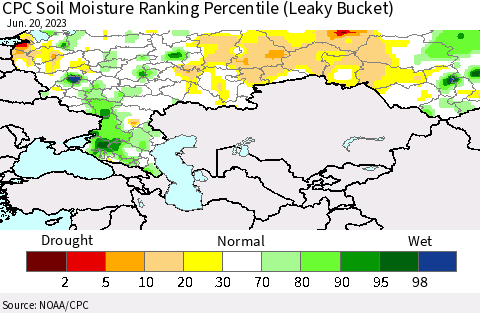 Russian Federation CPC Soil Moisture Ranking Percentile (Leaky Bucket) Thematic Map For 6/16/2023 - 6/20/2023