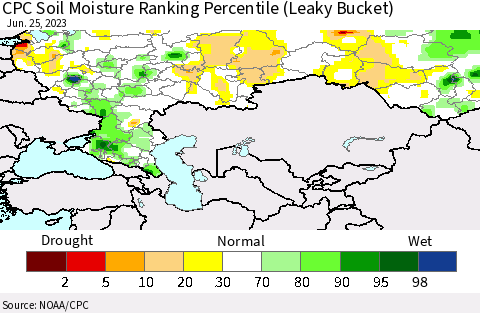 Russian Federation CPC Soil Moisture Ranking Percentile (Leaky Bucket) Thematic Map For 6/21/2023 - 6/25/2023