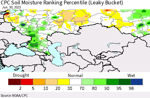 Russian Federation CPC Soil Moisture Ranking Percentile (Leaky Bucket) Thematic Map For 6/26/2023 - 6/30/2023